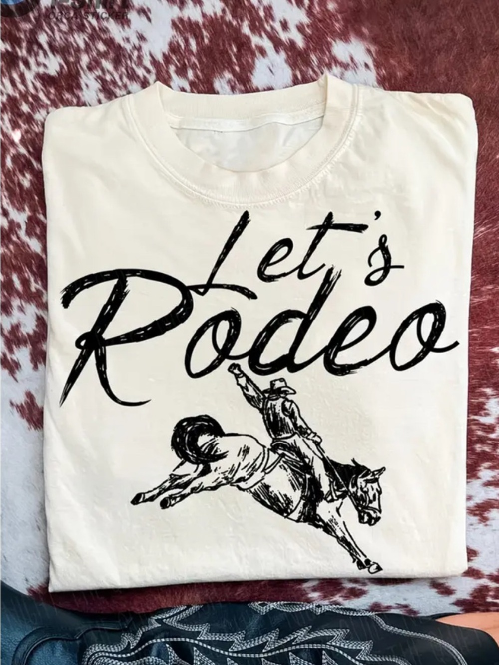 WESTERN Rodeo Cream Crewneck Cotton Tee Shirt with Black Graphic Print